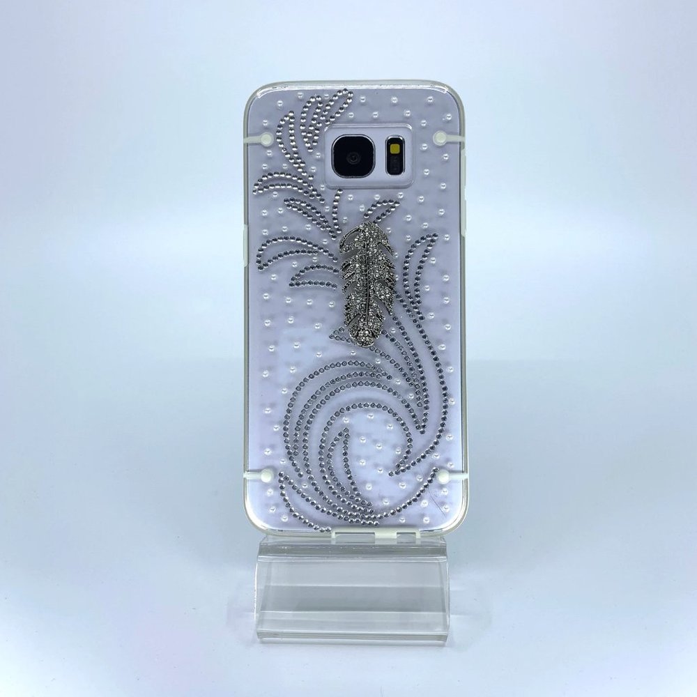 Galaxy S7 Edge polycarbonate case. Unique. Handmade. Silver, white rhinestone